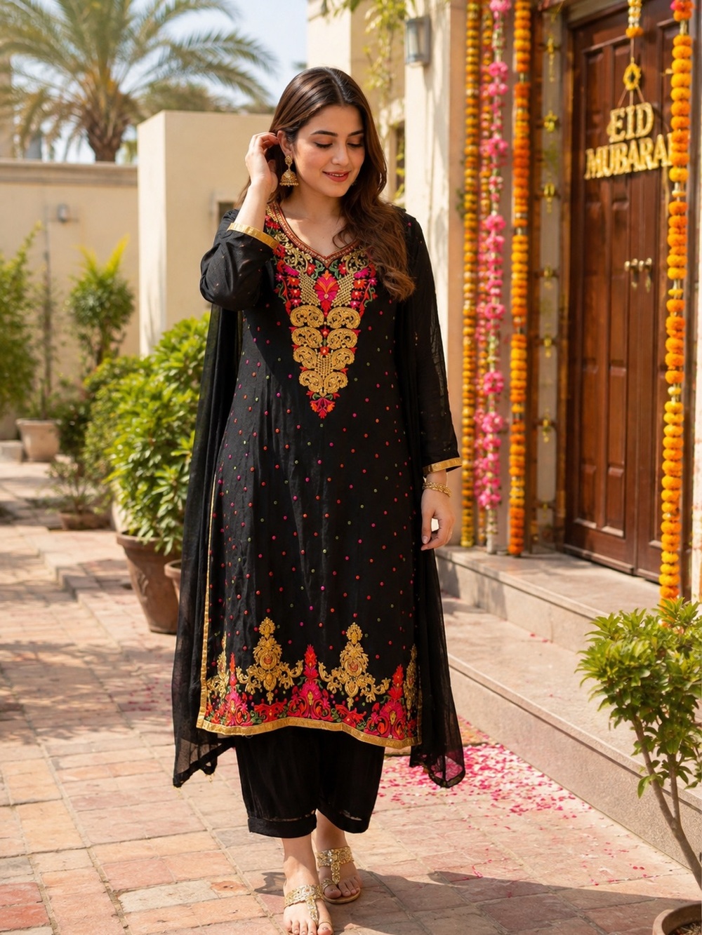 Embroidered Black Tunic with Gold & Pink Accents kurti